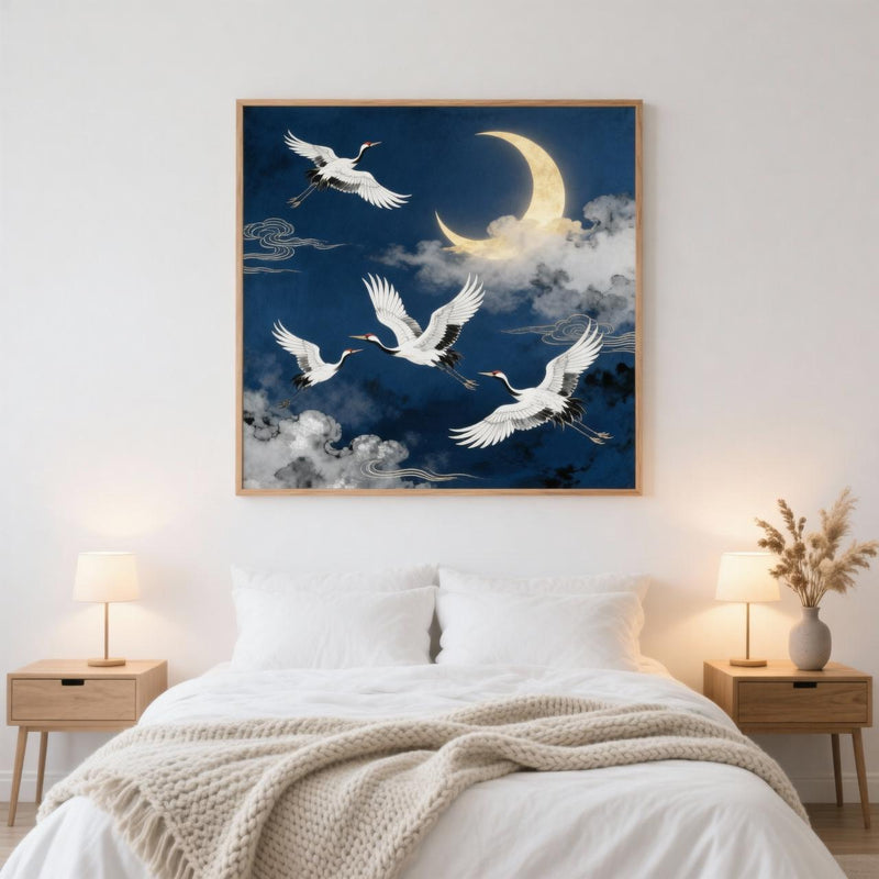 Load image into Gallery viewer, Japanese Crane Art Moon Night Sky Print Flying Birds Oriental Decor Matte Download
