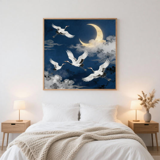 Japanese Crane Art Moon Night Sky Print Flying Birds Oriental Decor Matte Download