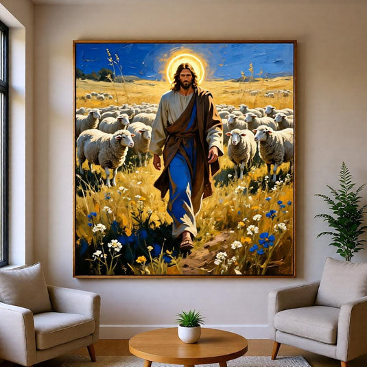 Good Shepherd Art Jesus Painting Sheep Print Christian Faith Decor Matte Download Biblical