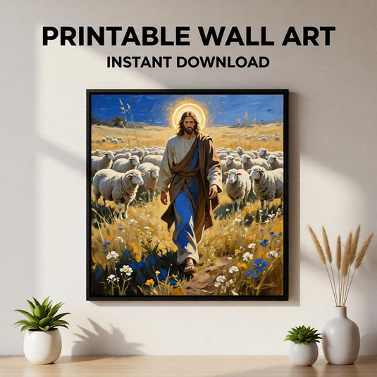 Good Shepherd Art Jesus Painting Sheep Print Christian Faith Decor Matte Download Biblical