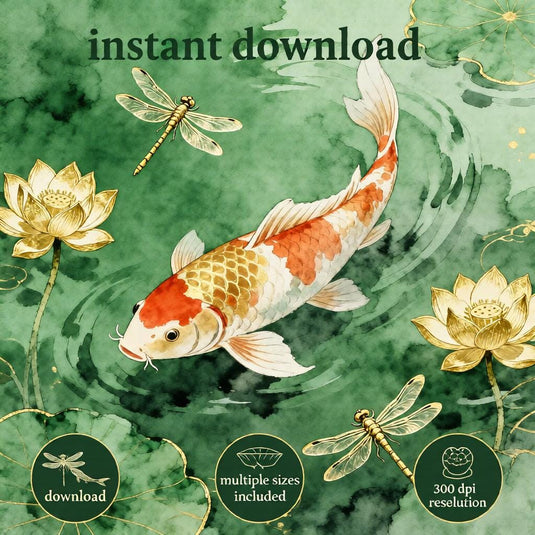 Koi Fish Wall Art, Japanese Zen Pond Decor, Lotus Dragonfly Printable (Digital Download)