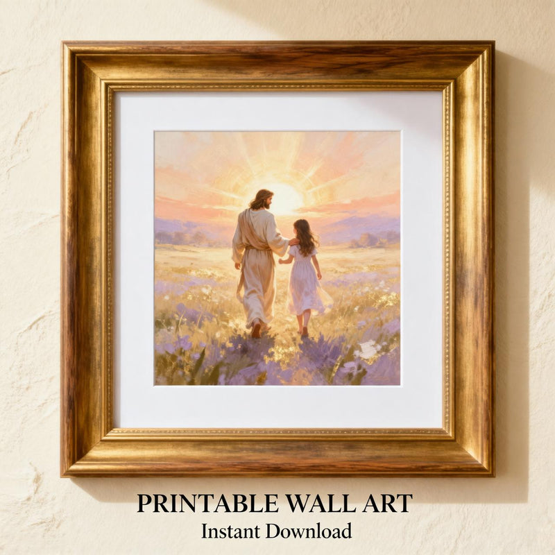 Load image into Gallery viewer, Spiritual Artwork Jesus Walking Child Print Christian Faith Decor Matte Download Sunset
