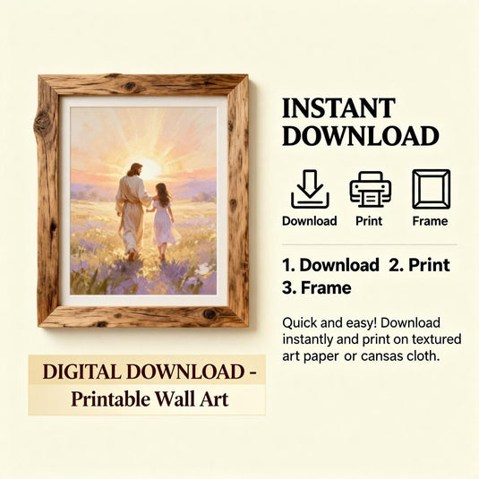 Spiritual Artwork Jesus Walking Child Print Christian Faith Decor Matte Download Sunset