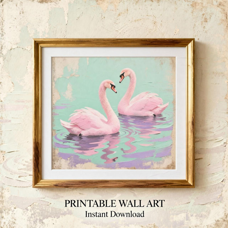 Load image into Gallery viewer, Pink Swan Wall Art Romantic Bird Couple Print Vintage Pastel Nursery Matte Download
