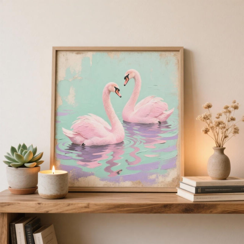 Load image into Gallery viewer, Pink Swan Wall Art Romantic Bird Couple Print Vintage Pastel Nursery Matte Download
