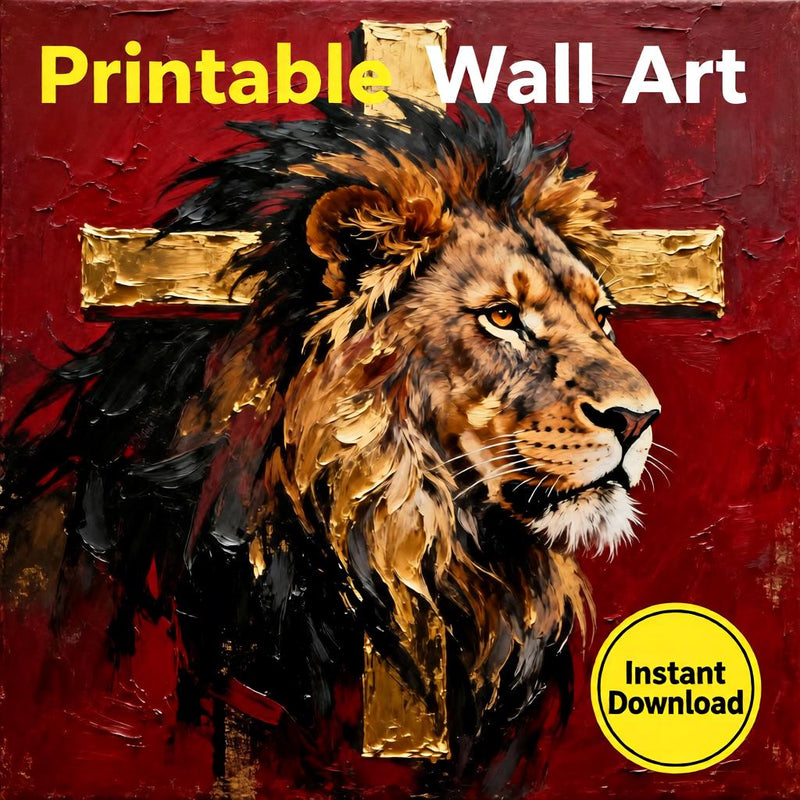 Load image into Gallery viewer, Lion of Judah Art Gold Cross Print Christian Wall Decor Matte Download Faith
