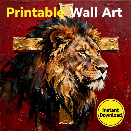 Lion of Judah Art Gold Cross Print Christian Wall Decor Matte Download Faith