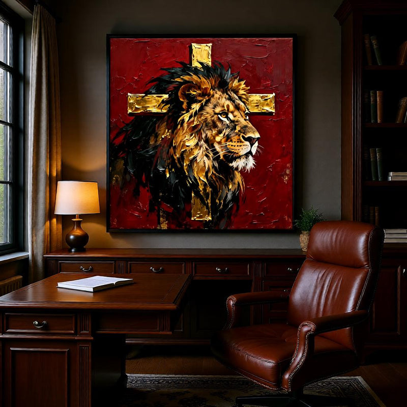 Load image into Gallery viewer, Lion of Judah Art Gold Cross Print Christian Wall Decor Matte Download Faith

