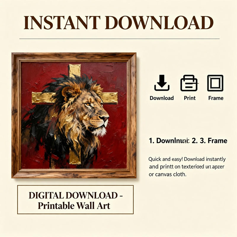 Load image into Gallery viewer, Lion of Judah Art Gold Cross Print Christian Wall Decor Matte Download Faith
