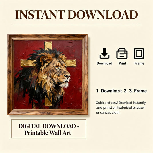 Lion of Judah Art Gold Cross Print Christian Wall Decor Matte Download Faith