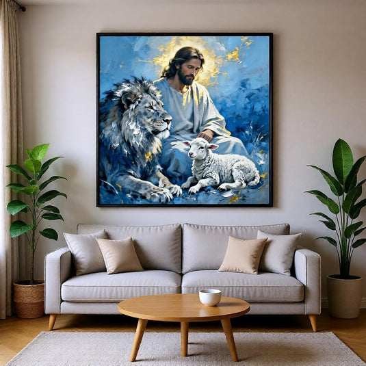 Jesus Wall Art Lion Lamb Print Christian Poster Faith Decor Blue Matte Download Scripture