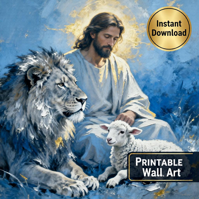 Load image into Gallery viewer, Jesus Wall Art Lion Lamb Print Christian Poster Faith Decor Blue Matte Download Scripture
