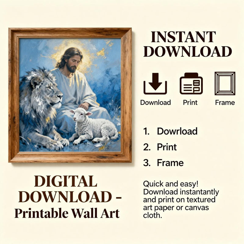Load image into Gallery viewer, Jesus Wall Art Lion Lamb Print Christian Poster Faith Decor Blue Matte Download Scripture
