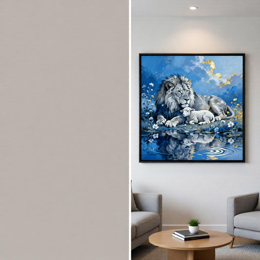 Lion and Lamb Art Christian Wall Print Faith Decor Blue Gold Matte Download Spiritual