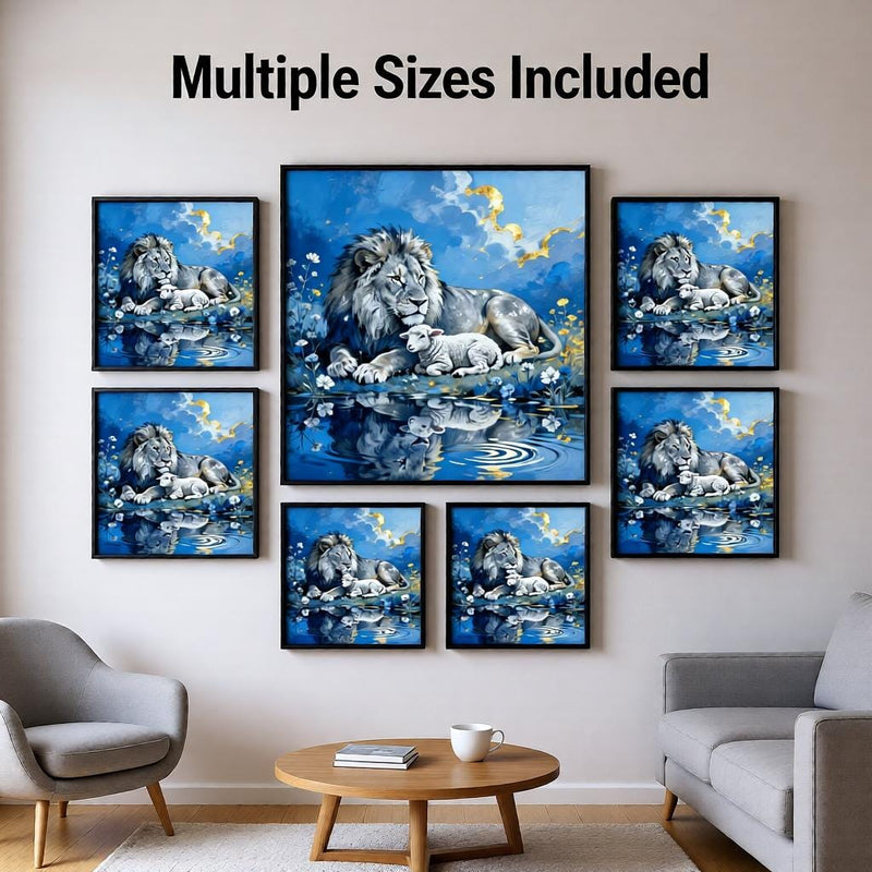 Load image into Gallery viewer, Lion and Lamb Art Christian Wall Print Faith Decor Blue Gold Matte Download Spiritual
