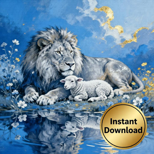 Lion and Lamb Art Christian Wall Print Faith Decor Blue Gold Matte Download Spiritual