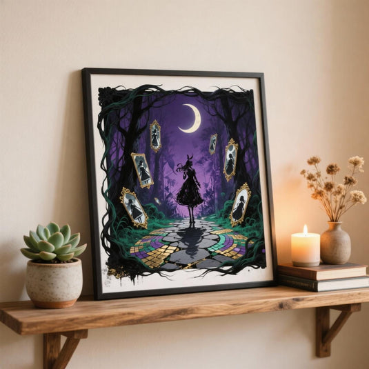 Gothic witch decor shelf mockup featuring a framed purple moon forest art print next to a candle and succulent.