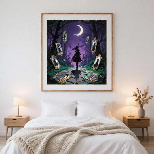 Witchy bedroom decor mockup featuring a framed purple moon forest art print on the wall above a cozy white bed.