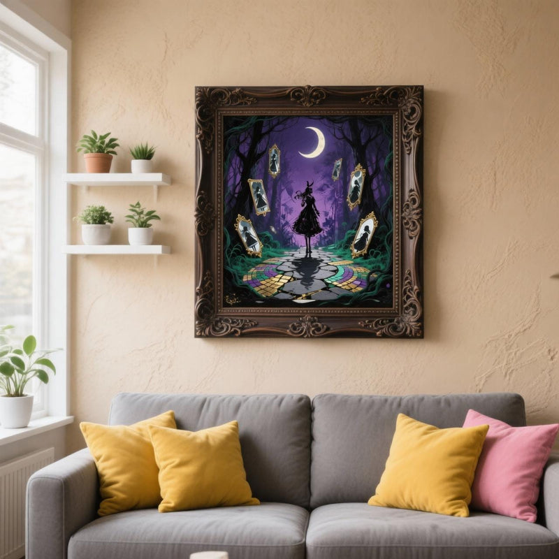 Load image into Gallery viewer, Gothic witch decor mockup featuring framed purple moon forest art on a gallery wall over a living room sofa.
