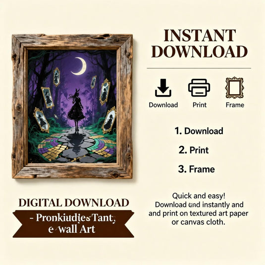 Witchy wall decor digital download mockup featuring framed purple moon forest art