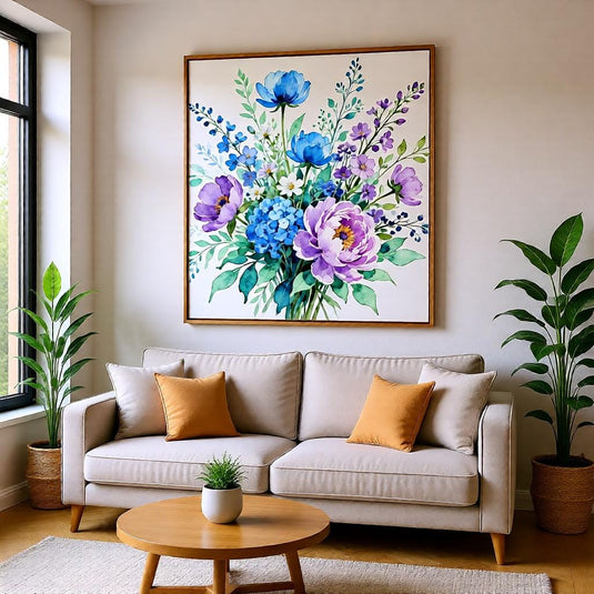 Birth Flower Bouquet Printable Wall Art, Blue Purple Watercolor Floral Decor (Digital Download)