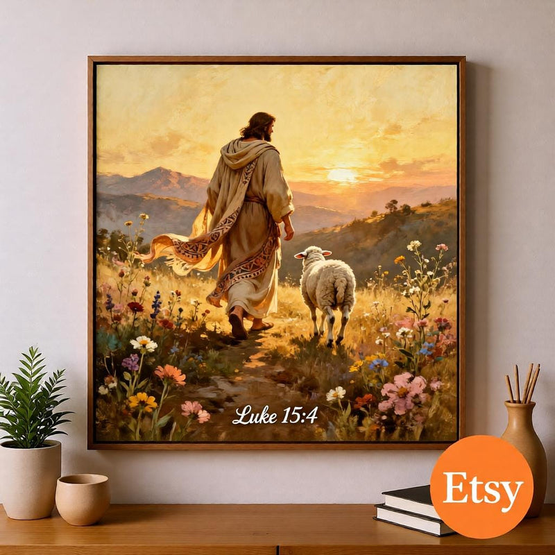 Load image into Gallery viewer, Jesus Wall Art Good Shepherd Print Sunset Bible Decor Matte Download Faith Lamb
