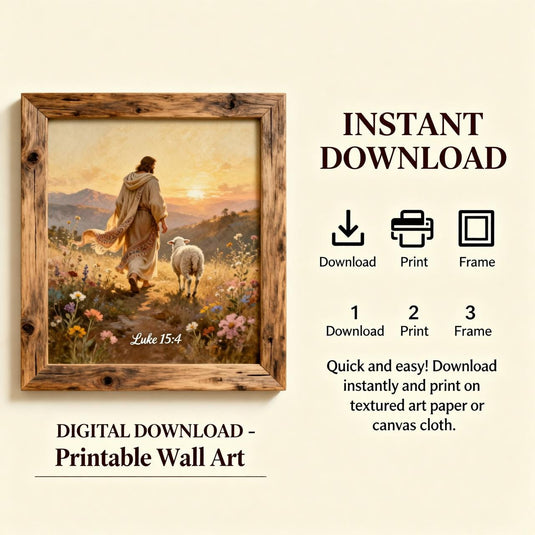 Jesus Wall Art Good Shepherd Print Sunset Bible Decor Matte Download Faith Lamb