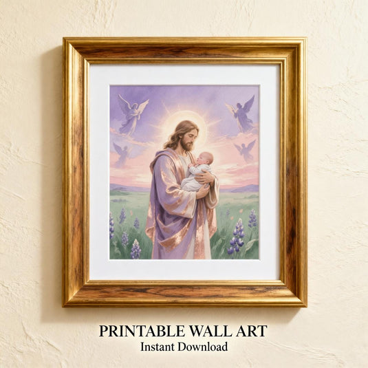 Jesus Holding Baby Wall Art Christian Nursery Print Angel Heaven Faith Printable Digital Download