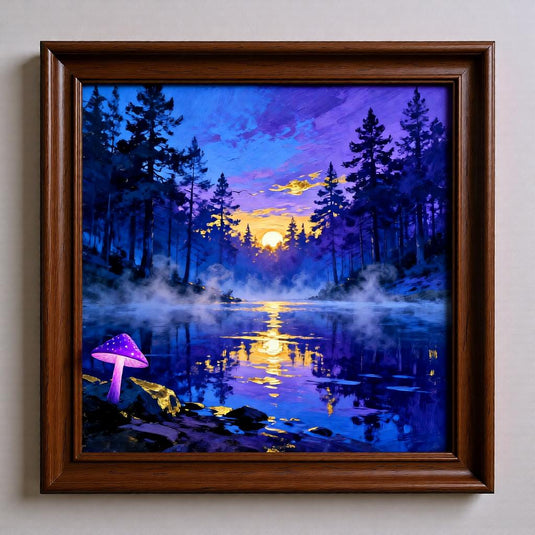 Misty Forest Art Sunset Lake Print Colorful Landscape Evergreen Trees Blue Matte Download