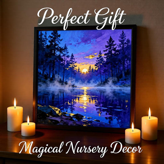 Misty Forest Art Sunset Lake Print Colorful Landscape Evergreen Trees Blue Matte Download
