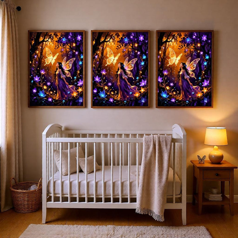 Load image into Gallery viewer, Fairy Wall Art Enchanted Forest Print Magical Butterfly Decor Purple Gold Matte Download
