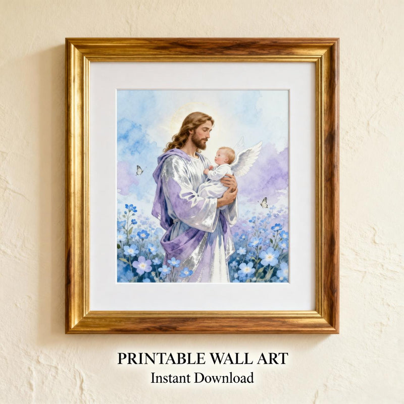 Load image into Gallery viewer, Jesus Baby Art Angel Nursery Print Christian Sympathy Decor Blue Matte Download Gift
