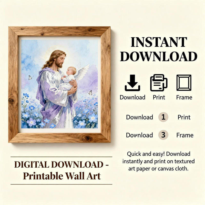 Load image into Gallery viewer, Jesus Baby Art Angel Nursery Print Christian Sympathy Decor Blue Matte Download Gift
