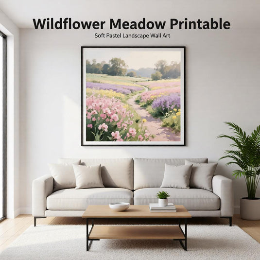 Floral Field Print Wildflower Meadow Pastel Landscape Poppies Painting Matte Download Decor Art