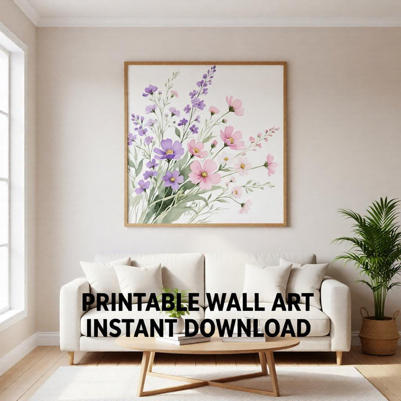 Load image into Gallery viewer, Wildflower Wall Art Botanical Print Pink Purple Flowers Soft Floral Painting Matte Download
