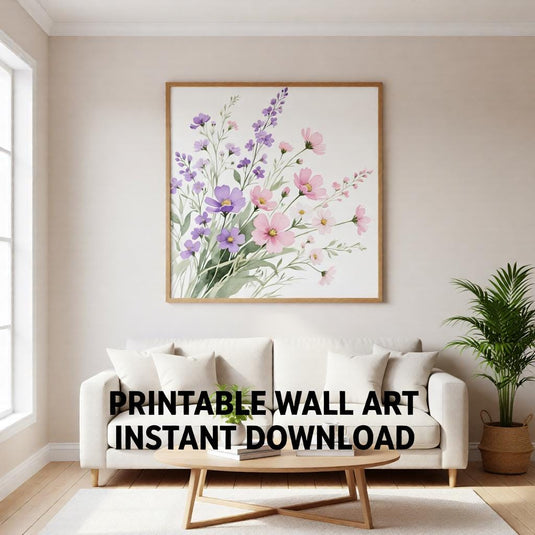 Wildflower Wall Art Botanical Print Pink Purple Flowers Soft Floral Painting Matte Download