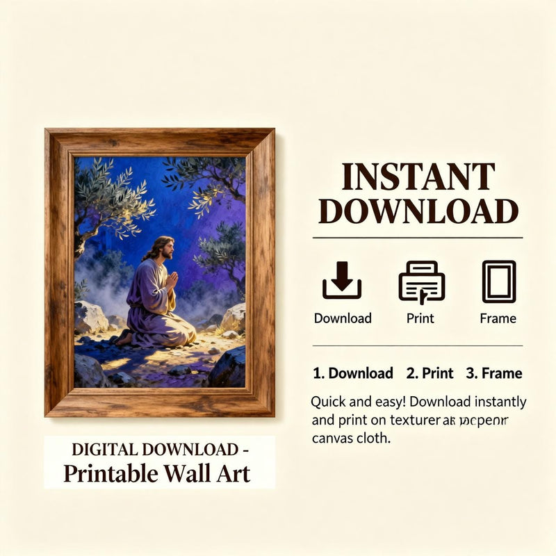 Load image into Gallery viewer, Jesus Praying Art Gethsemane Scene Blue Christian Wall Decor Printable Faith Download
