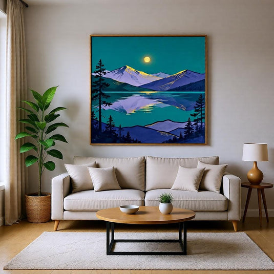 Teal Wall Art Mountain Lake Print Abstract Landscape Pine Trees Gold Moon Matte Download