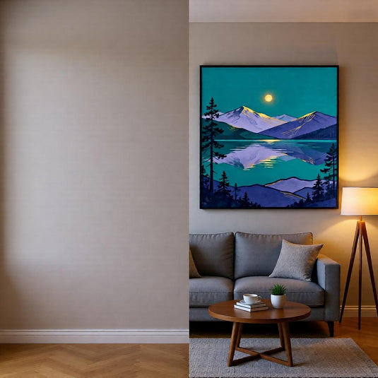 Teal Wall Art Mountain Lake Print Abstract Landscape Pine Trees Gold Moon Matte Download