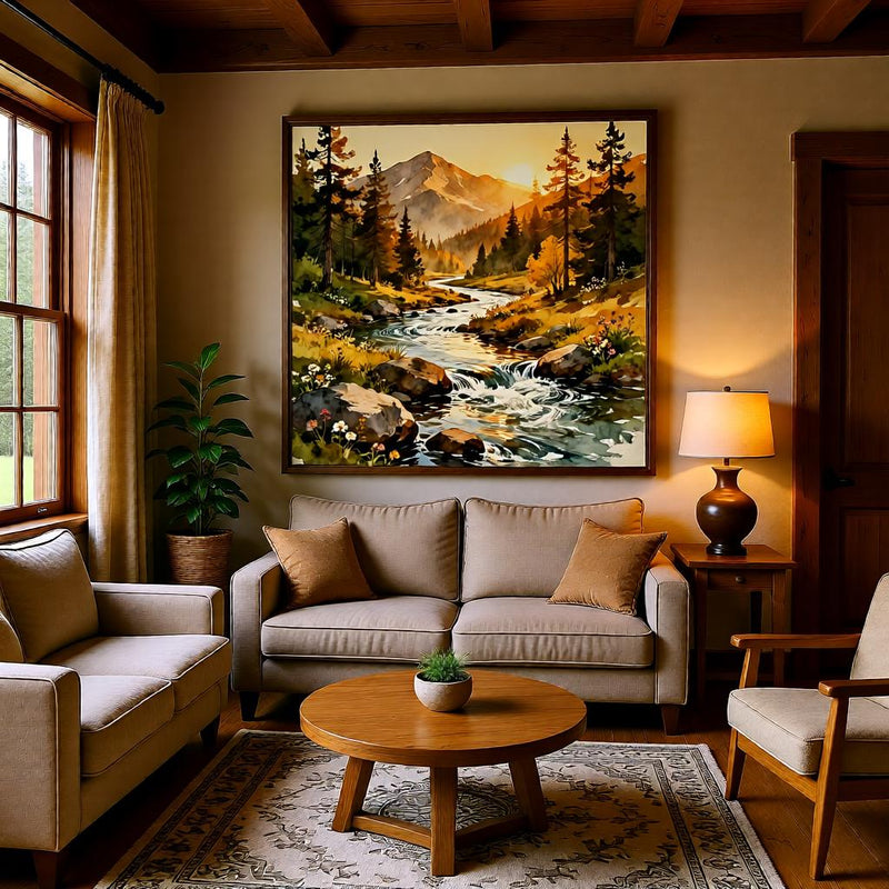 Load image into Gallery viewer, Pine Forest Scene River Mountain Landscape Pacific Northwest Neutral Matte Download Wall Art
