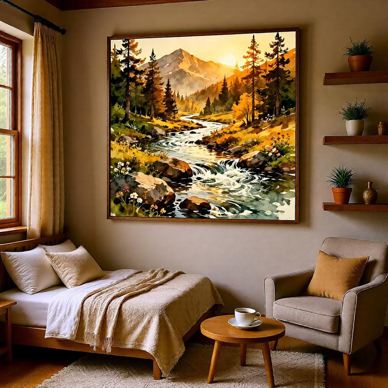 Load image into Gallery viewer, Pine Forest Scene River Mountain Landscape Pacific Northwest Neutral Matte Download Wall Art
