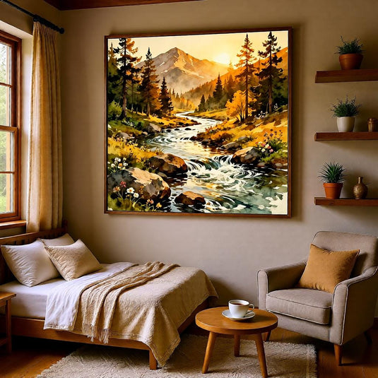 Pine Forest Scene River Mountain Landscape Pacific Northwest Neutral Matte Download Wall Art