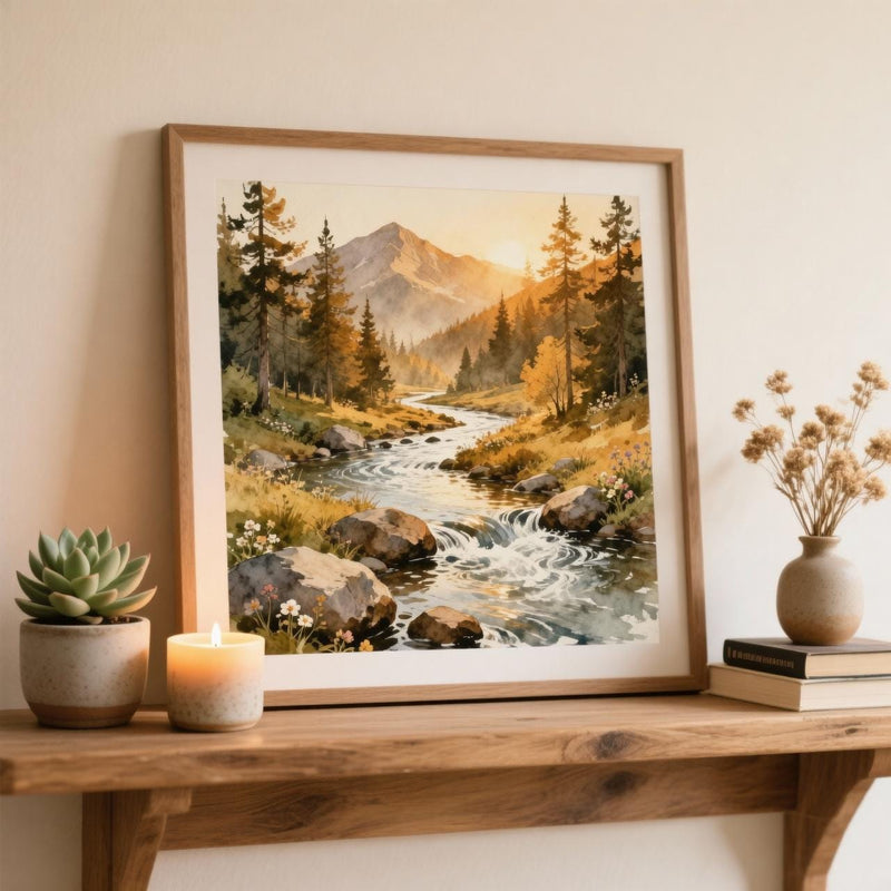 Load image into Gallery viewer, Pine Forest Scene River Mountain Landscape Pacific Northwest Neutral Matte Download Wall Art
