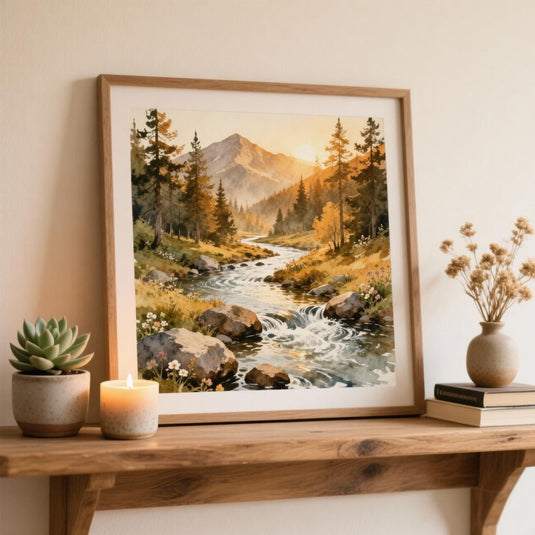 Pine Forest Scene River Mountain Landscape Pacific Northwest Neutral Matte Download Wall Art