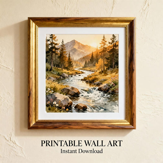 Pine Forest Scene River Mountain Landscape Pacific Northwest Neutral Matte Download Wall Art