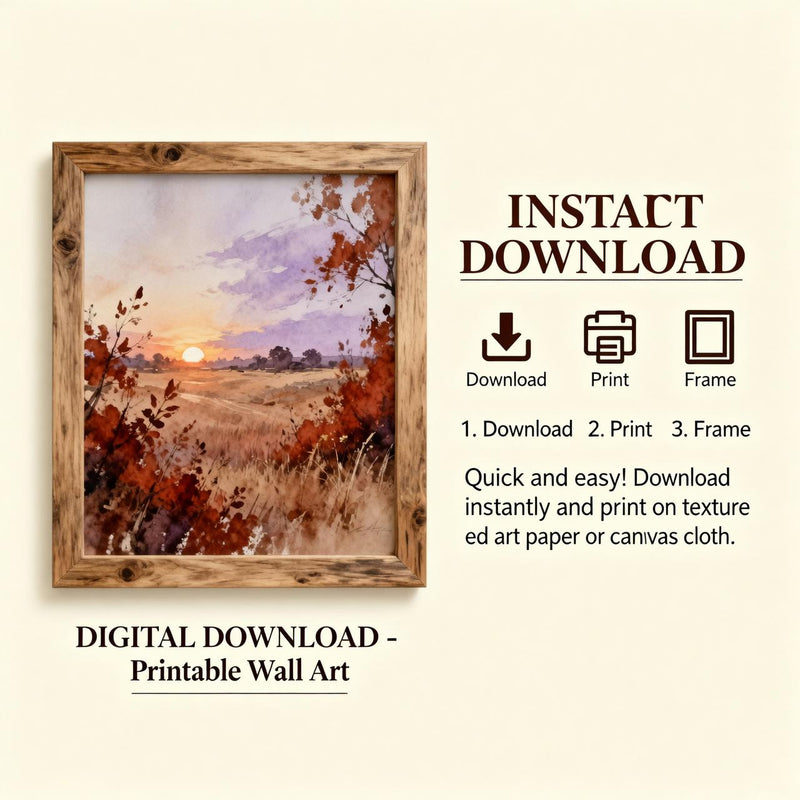 Load image into Gallery viewer, Autumn Landscape Print Fall Sunset Painting Farm Scene Earthy Abstract Matte Download

