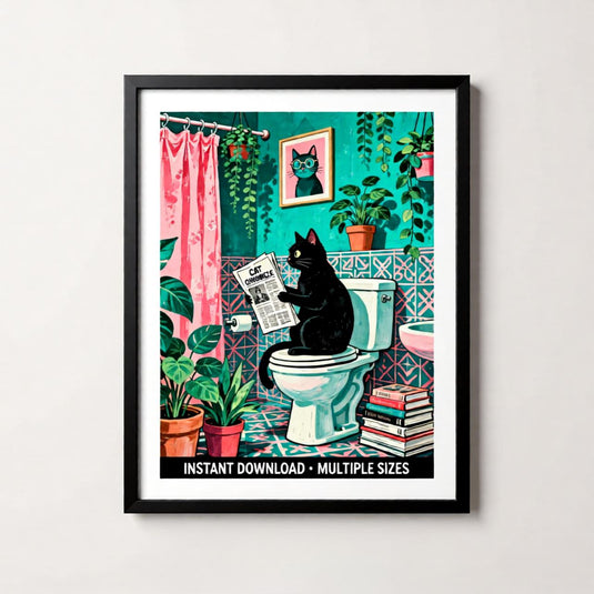 Funny Bathroom Art Cat Newspaper Toilet Humor Wall Decor Printable Matte Download