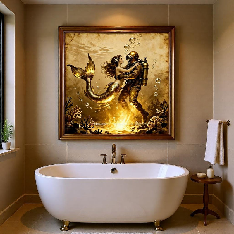 Load image into Gallery viewer, Vintage Mermaid Diver Romantic Ocean Print – Golden Underwater Love Art (Digital Download)
