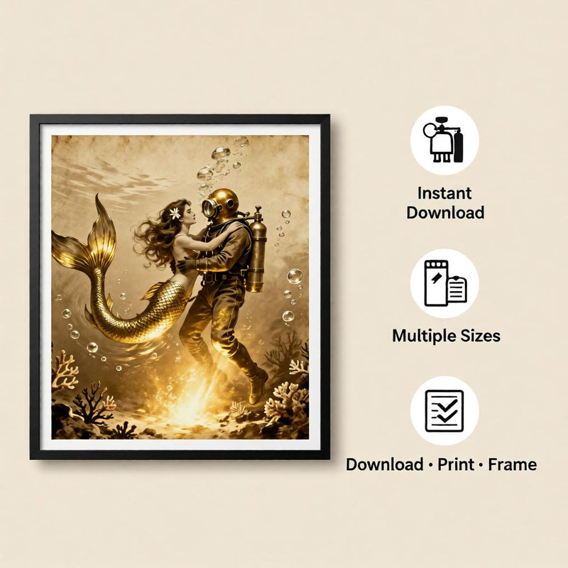 Load image into Gallery viewer, Vintage Mermaid Diver Romantic Ocean Print – Golden Underwater Love Art (Digital Download)
