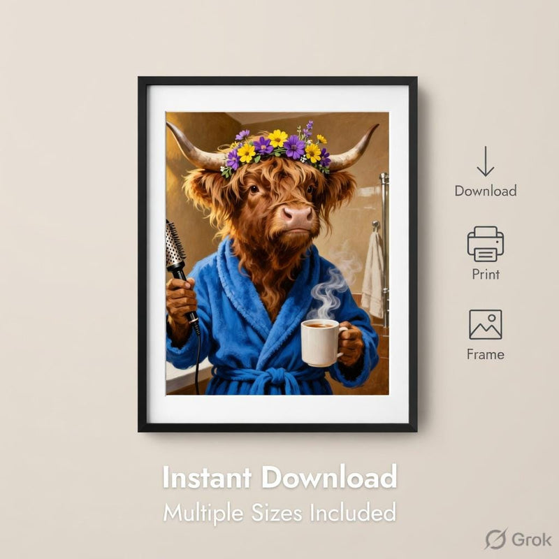 Load image into Gallery viewer, Funny Bathroom Art Highland Cow Bubble Bath Animal Wall Decor Printable Matte Download
